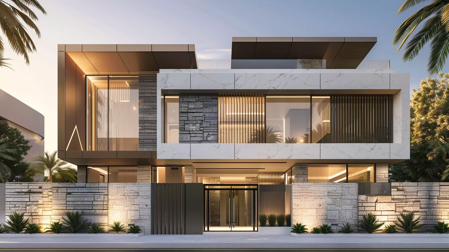 Modern Saudi villa facade - stone and marble Modern Saudi villa facade - stone and marble
